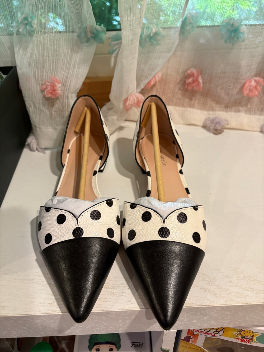 Kate Spade Black/White Polka Dot Point Toe Flats w/Original Box